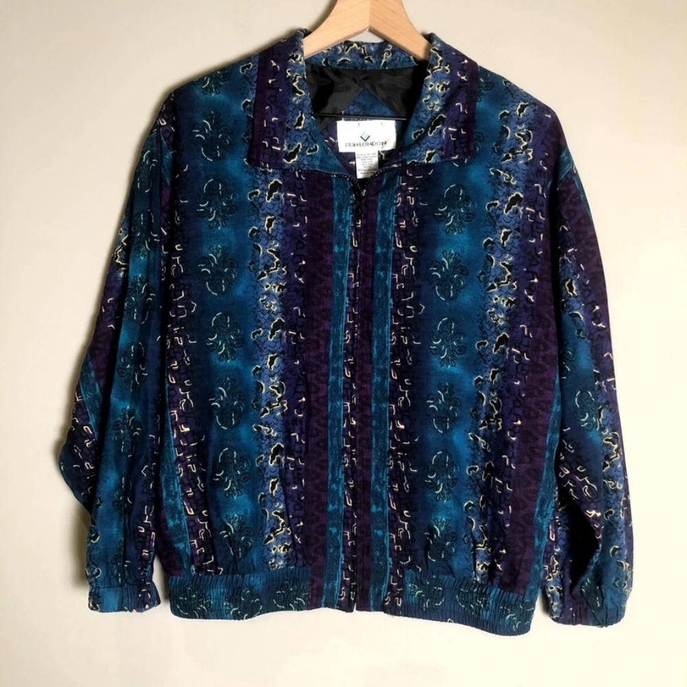 Vintage Erin London 100% Silk Womens Large Petite Jacket Pockets Zip Up Tie Die